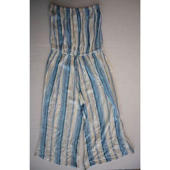 Elan NR-DVR7095 Women's Sz M White/Blue Striped Strapless Coulotte Jumpsuit - Picture 1 of 8